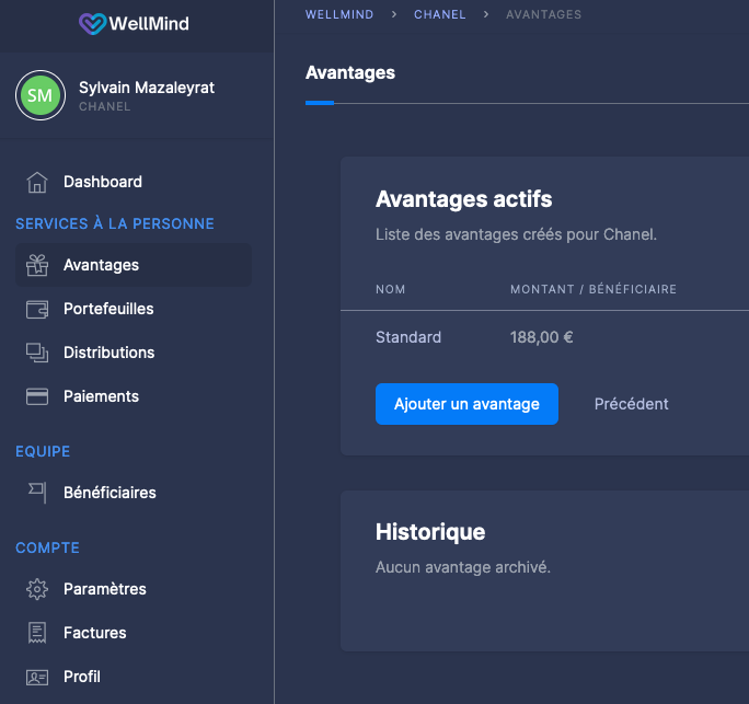 Tableau de bord Wellmind montrant les catégories d'avantages, les portefeuilles et la gestion des employés